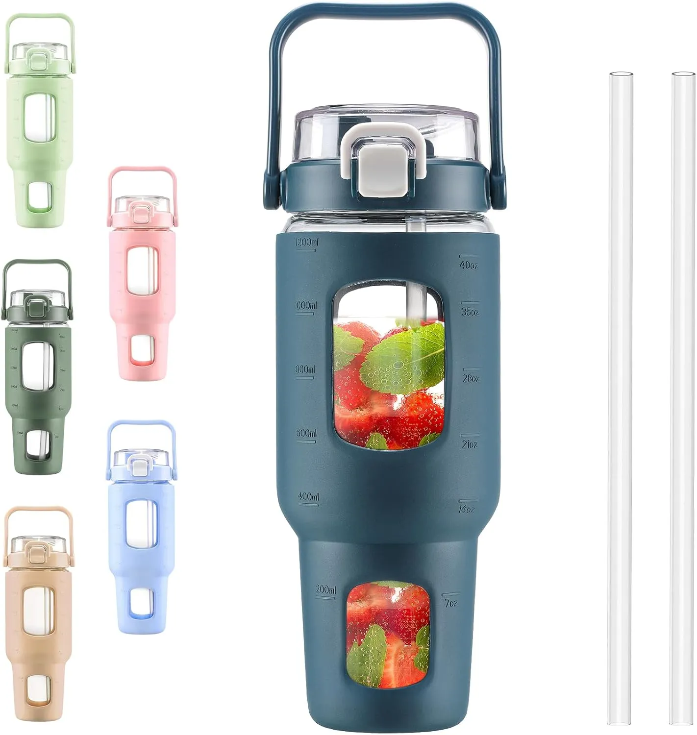 BLUEGO 40 oz Glass Water Bottles with Straw Time Marker, Glass Tumbler with Handle Top Lids, Easy to Clean, Fits in Car Cup Holder, Leakproof Jug for Gym, Sports, Workout & Daily, Dark Blue