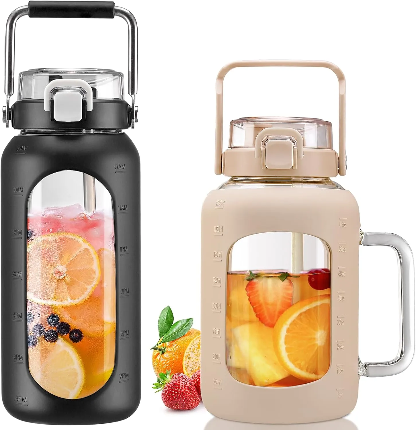 BLUEGO 64oz and 64oz Glass Water Bottles Bundle(64 Black   64 Amber) with Straw and Lids Handle Large Water Bottle with Sleeve, Half Gallon Water Jug, Glass Water Container, BPA Free
