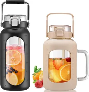 BLUEGO 64oz and 64oz Glass Water Bottles Bundle(64 Black   64 Amber) with Straw and Lids Handle Large Water Bottle with Sleeve, Half Gallon Water Jug, Glass Water Container, BPA Free