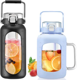 BLUEGO 64oz and 64oz Glass Water Bottles Bundle(64 Black   64 Blue) with Straw and Lids Handle Large Water Bottle with Sleeve, Half Gallon Water Jug, Glass Water Container, BPA Free