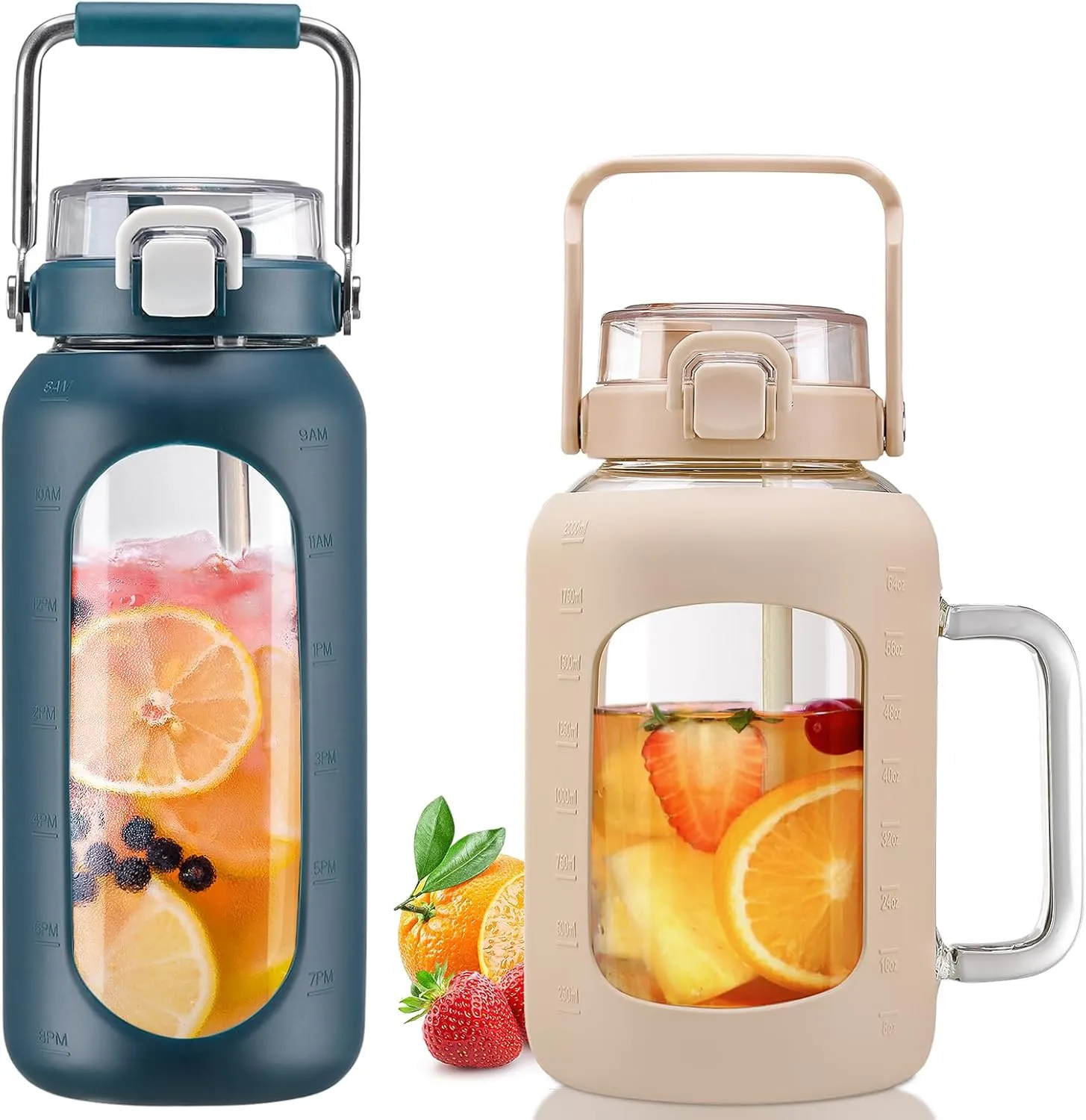 BLUEGO 64oz and 64oz Glass Water Bottles Bundle(64 Navy   64 Amber) with Straw and Lids Handle Large Water Bottle with Sleeve, Half Gallon Water Jug, Glass Water Container, BPA Free