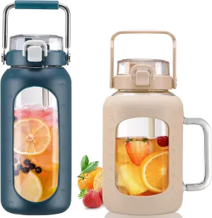 BLUEGO 64oz and 64oz Glass Water Bottles Bundle(64 Navy   64 Amber) with Straw and Lids Handle Large Water Bottle with Sleeve, Half Gallon Water Jug, Glass Water Container, BPA Free