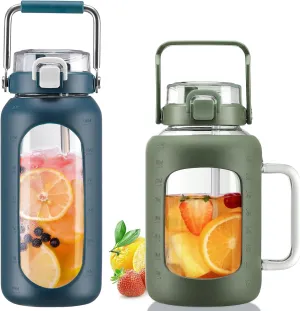 BLUEGO 64oz and 64oz Glass Water Bottles Bundle(64 Navy   64 Olive) with Straw and Lids Handle Large Water Bottle with Sleeve, Half Gallon Water Jug, Glass Water Container, BPA Free