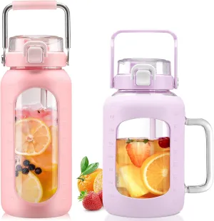 BLUEGO 64oz and 64oz Glass Water Bottles Bundle(64 Pink   64 Purple) with Straw and Lids Handle Large Water Bottle with Sleeve, Half Gallon Water Jug, Glass Water Container, BPA Free