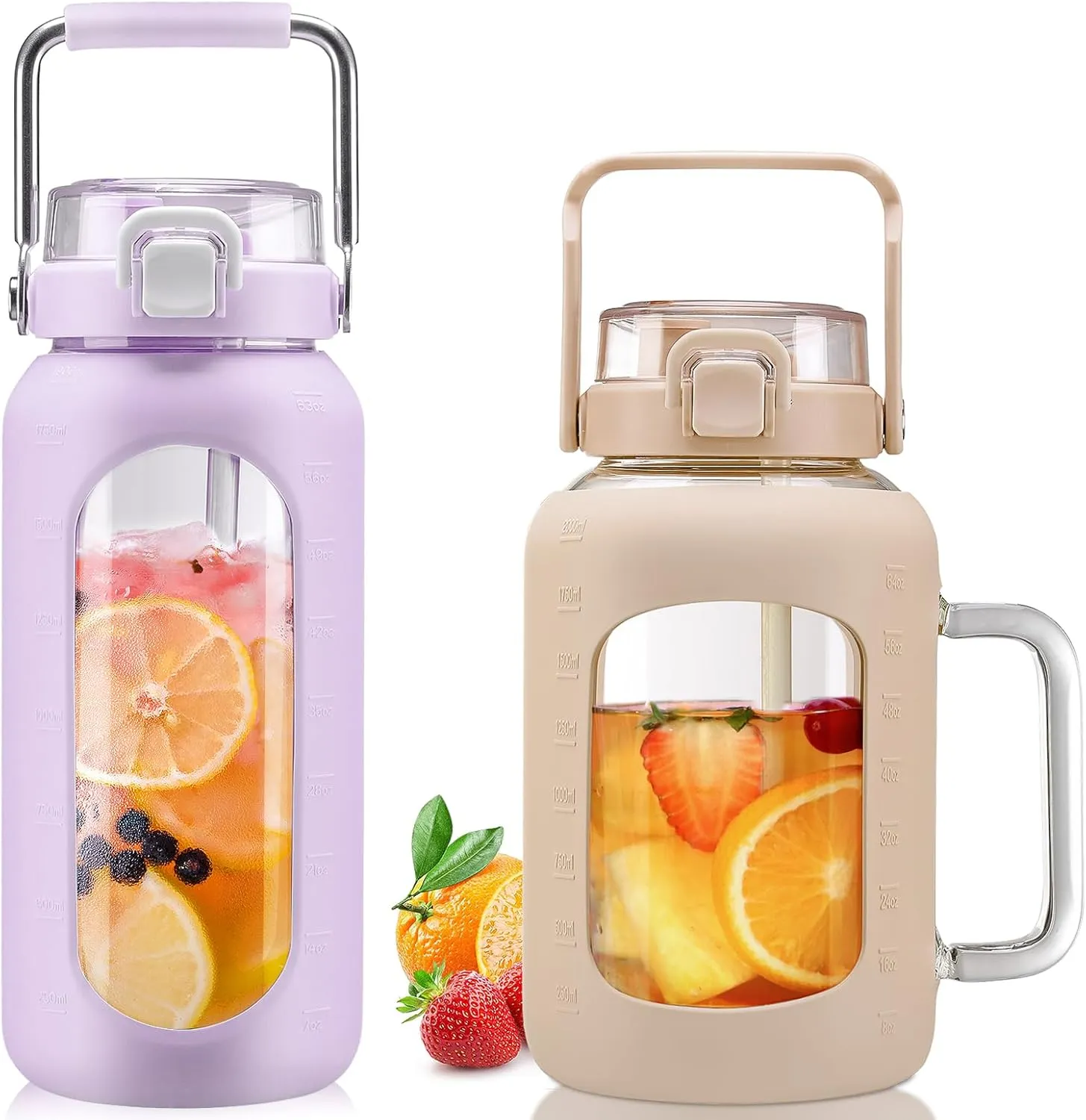 BLUEGO 64oz and 64oz Glass Water Bottles Bundle(64 Purple   64 Amber) with Straw and Lids Handle Large Water Bottle with Sleeve, Half Gallon Water Jug, Glass Water Container, BPA Free