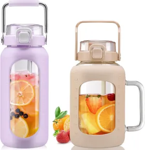 BLUEGO 64oz and 64oz Glass Water Bottles Bundle(64 Purple   64 Amber) with Straw and Lids Handle Large Water Bottle with Sleeve, Half Gallon Water Jug, Glass Water Container, BPA Free