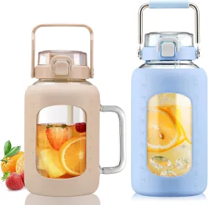 BLUEGO 64oz and 84oz Glass Water Bottles Bundle(64 Amber   84 Blue) with Straw and Lids Handle Large Water Tumbler with Sleeve, Glass Water Container, 2 Liter Water Jug Glass, BPA Free