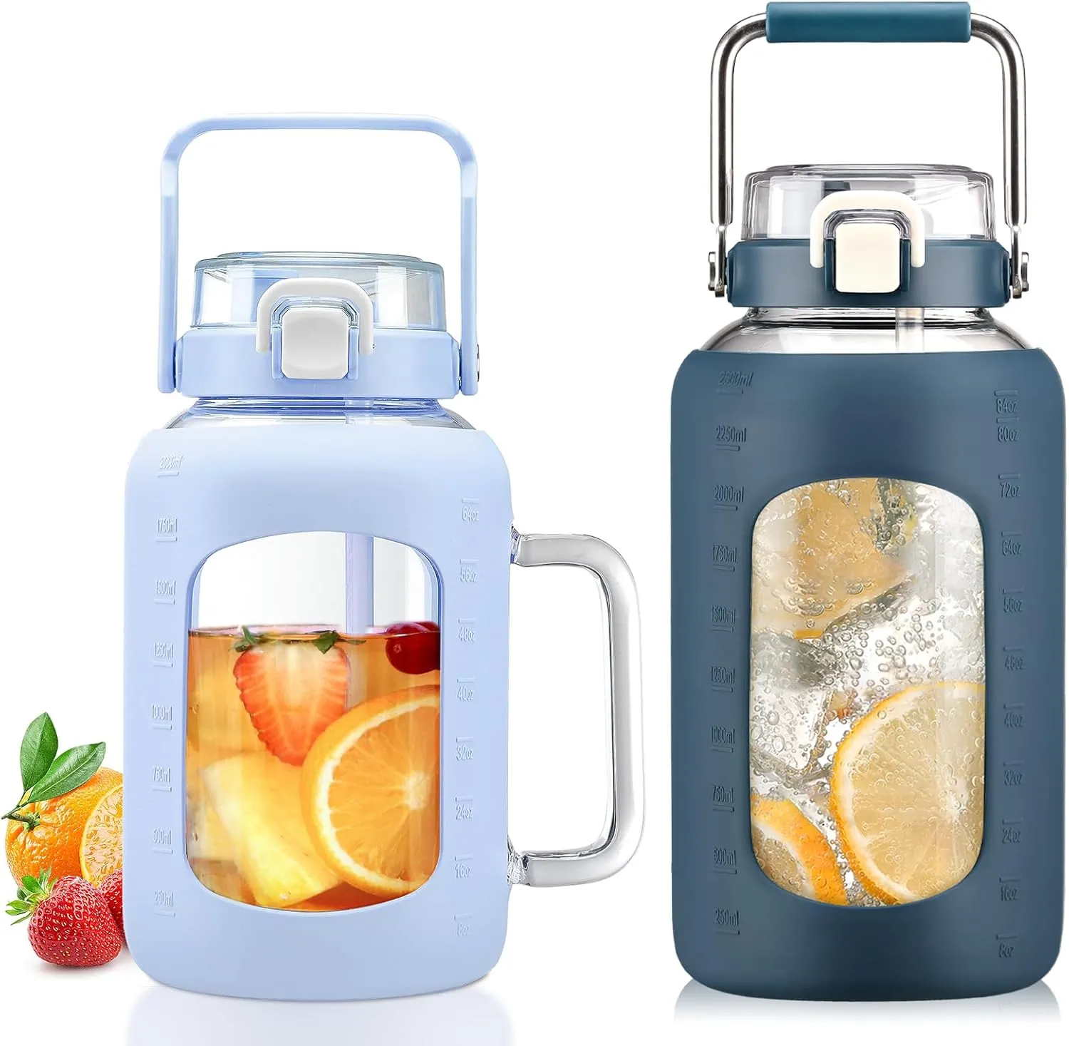BLUEGO 64oz and 84oz Glass Water Bottles Bundle(64 Blue   84 DBlue) with Straw and Lids Handle Large Water Tumbler with Sleeve, Glass Water Container, 2 Liter Water Jug Glass, BPA Free