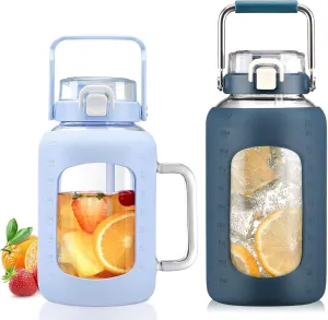 BLUEGO 64oz and 84oz Glass Water Bottles Bundle(64 Blue   84 DBlue) with Straw and Lids Handle Large Water Tumbler with Sleeve, Glass Water Container, 2 Liter Water Jug Glass, BPA Free