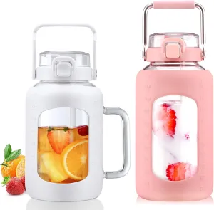 BLUEGO 64oz and 84oz Glass Water Bottles Bundle(64 White   84 Pink) with Straw and Lids Handle Large Water Tumbler with Sleeve, Glass Water Container, 2 Liter Water Jug Glass, BPA Free