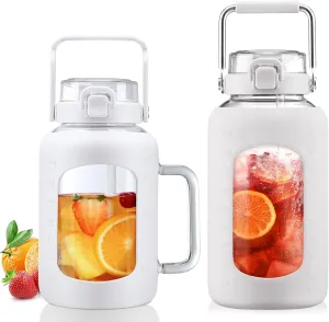 BLUEGO 64oz and 84oz Glass Water Bottles Bundle(64 White   84 White) with Straw and Lids Handle Large Water Tumbler with Sleeve, Glass Water Container, 2 Liter Water Jug Glass, BPA Free