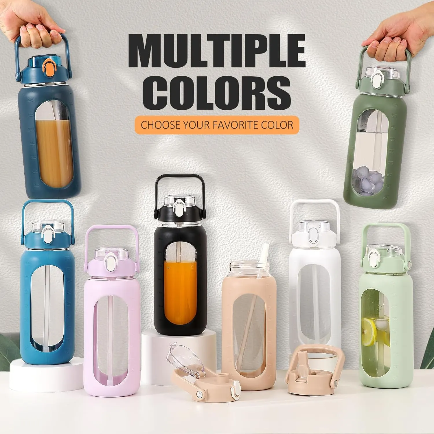 BLUEGO 64oz Glass Water Bottles with 2 Lids Flip Lid and Spout Lid Half Gallon Water Bottle with Straw 2L Large Water Bottle with Time and Capacity Markers for Gym Home Office Leak-proof, Black