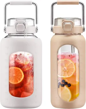 BLUEGO 84oz and 64oz Glass Water Bottles Bundle(84 White   64 Amber) with Straw and Stainless Steel Handle, Large Water Bottle with Sleeve, Half Gallon Water Jug, Glass Water Container, BPA Free