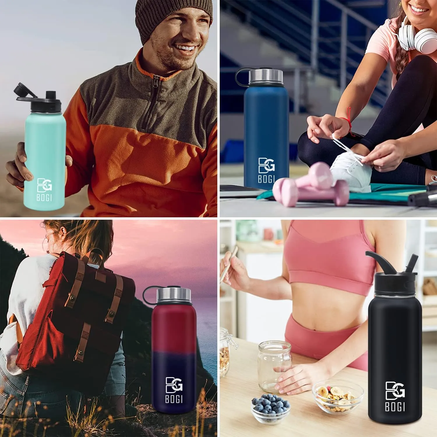 BOGI 32oz Insulated Water Bottle, 2 Pack Double Wall Vacuum Stainless Steel Water Bottle with Straw and 3 Lids, Sweat-Proof Wide Mouth Metal Water Bottle Keeps Hot or Cold for Sports Gym Office