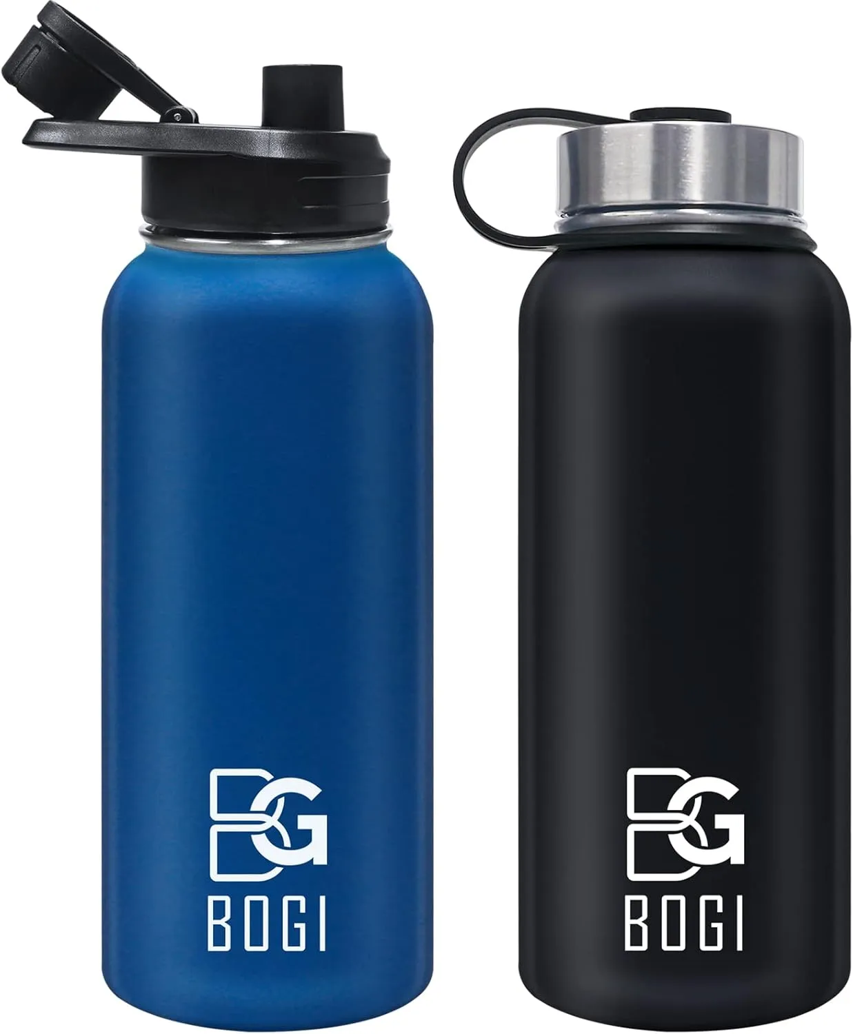 BOGI 32oz Insulated Water Bottle, 2 Pack Double Wall Vacuum Stainless Steel Water Bottle with Straw and 3 Lids, Sweat-Proof Wide Mouth Metal Water Bottle Keeps Hot or Cold for Sports Gym Office