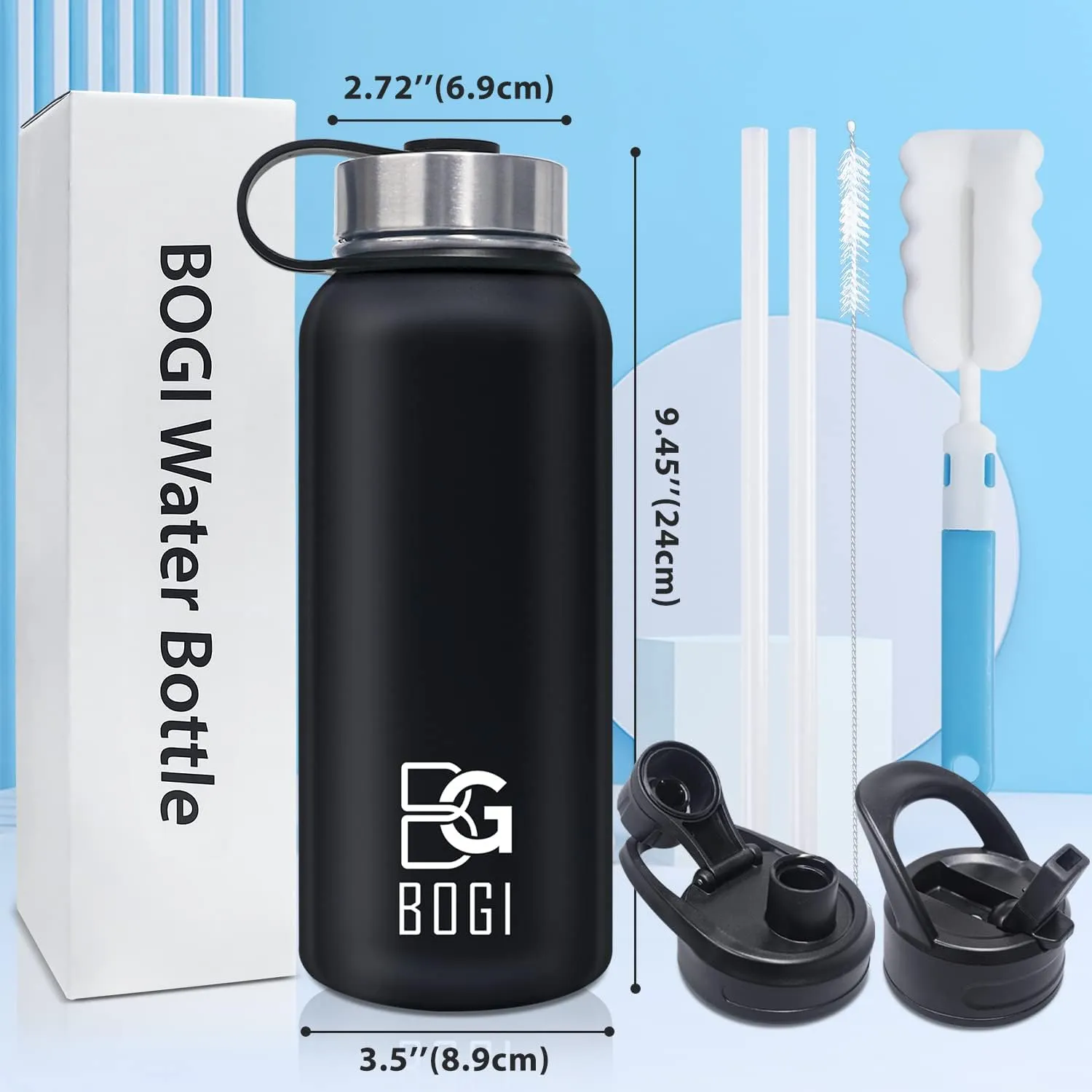 BOGI 32oz Insulated Water Bottle, 2 Pack Double Wall Vacuum Stainless Steel Water Bottle with Straw and 3 Lids, Sweat-Proof Wide Mouth Metal Water Bottle Keeps Hot or Cold for Sports Gym Office