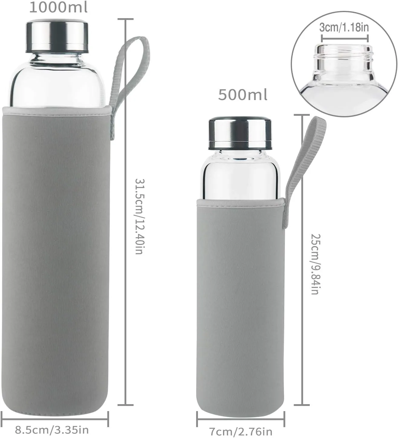 Borosilicate Glass Water Bottle, Sports Glass Drinking Bottle with Neoprene Sleeve and Stainless Steel Lid 16oz / 32oz (32oz, Blooming Branches)