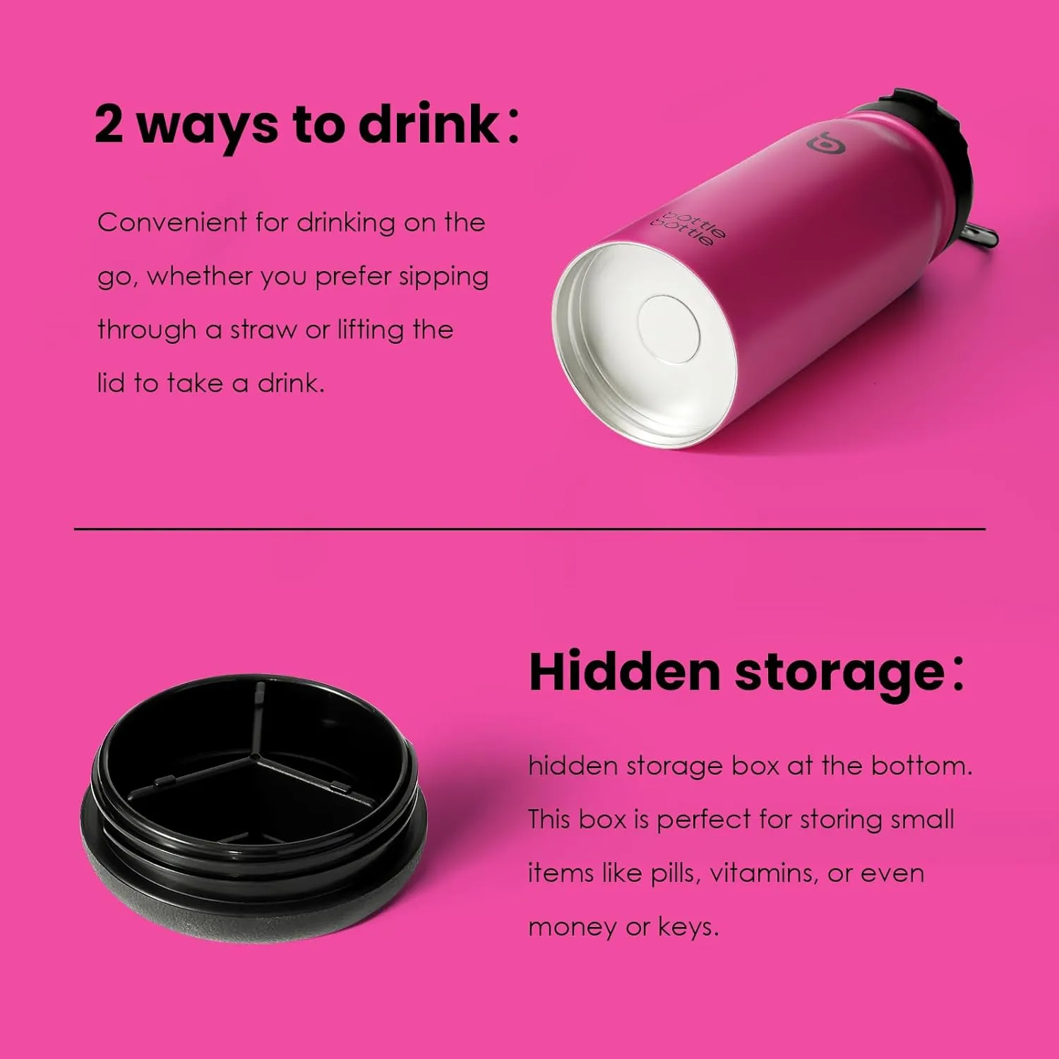 BOTTLE BOTTLE 16 oz sports water bottle stainless steel insulated kids water bottle with straw and pills holder for gifts and school (viva magenta)