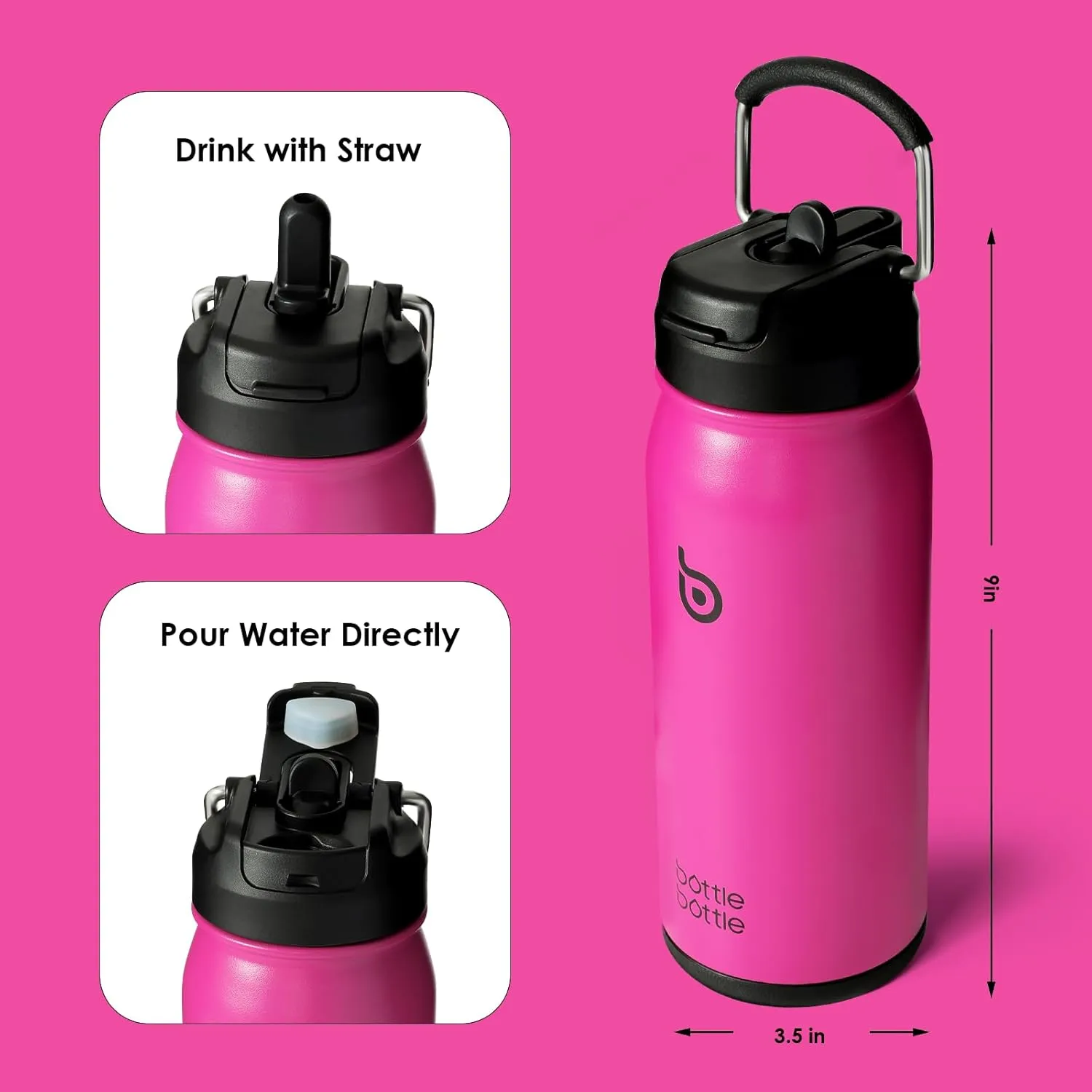 BOTTLE BOTTLE 16 oz sports water bottle stainless steel insulated kids water bottle with straw and pills holder for gifts and school (viva magenta)