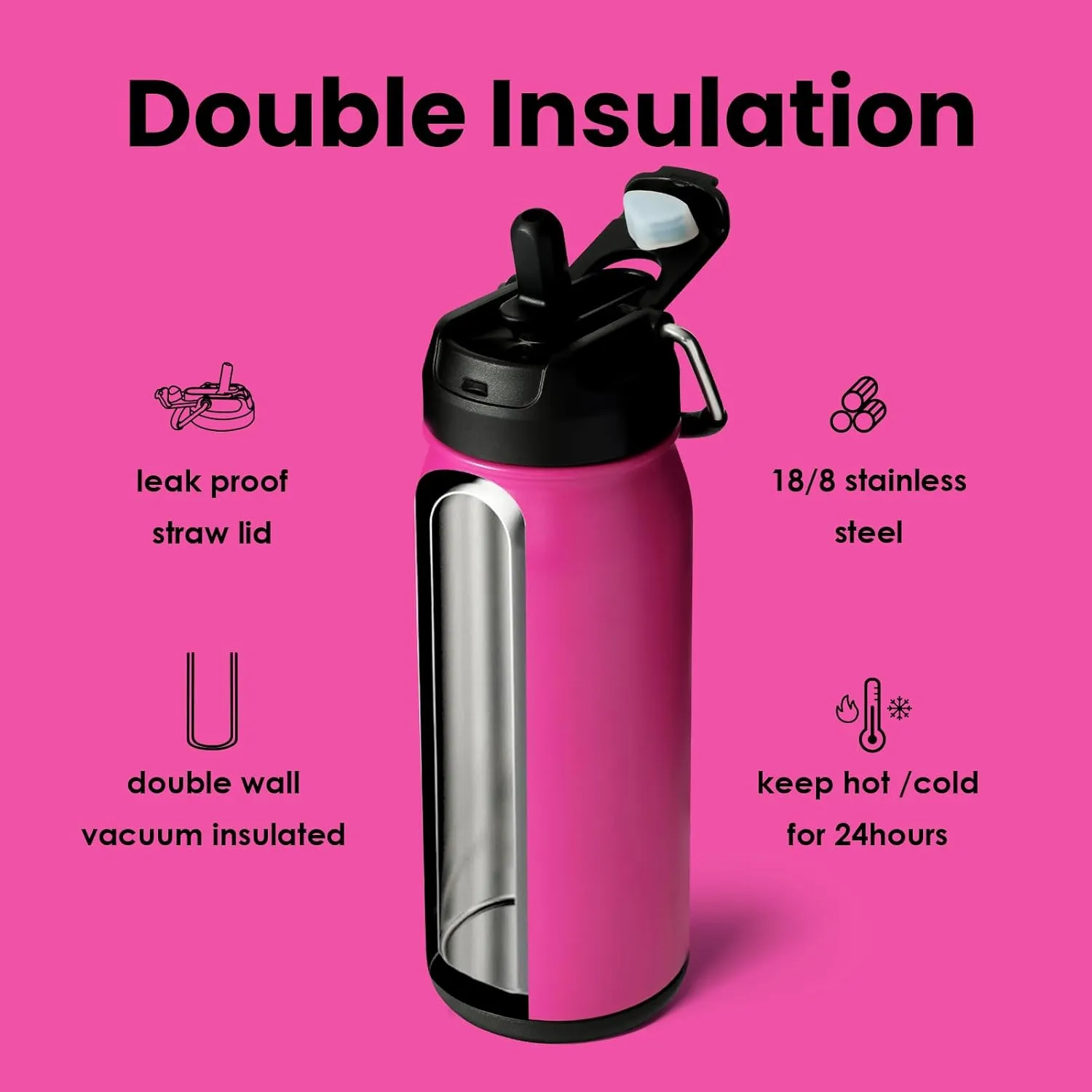 BOTTLE BOTTLE 16 oz sports water bottle stainless steel insulated kids water bottle with straw and pills holder for gifts and school (viva magenta)