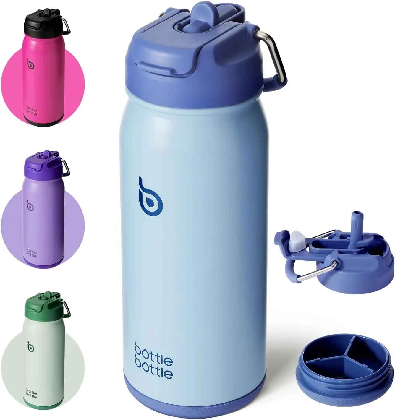BOTTLE BOTTLE 16 oz sports water bottle stainless steel insulated kids water bottle with straw and pills holder for gifts and school（blue）