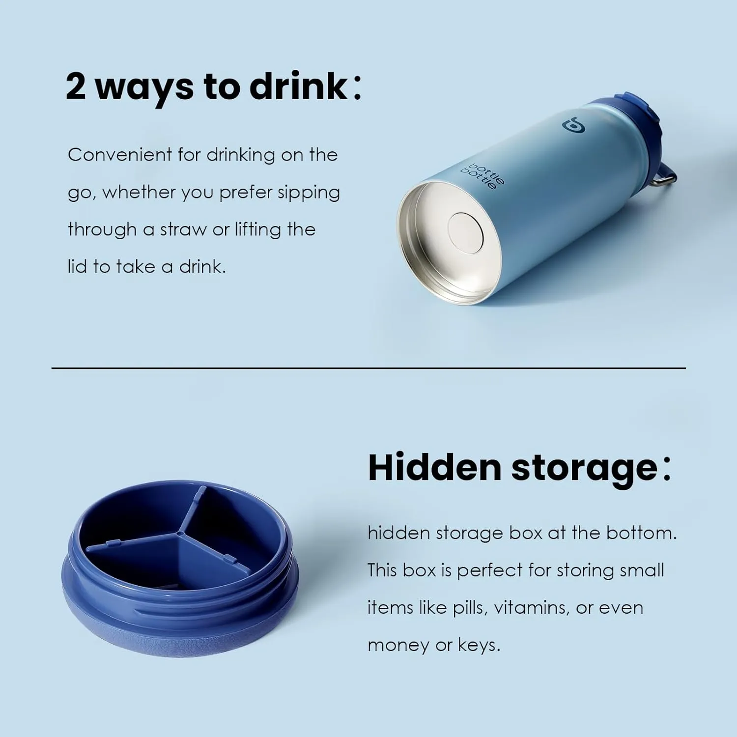 BOTTLE BOTTLE 16 oz sports water bottle stainless steel insulated kids water bottle with straw and pills holder for gifts and school（blue）