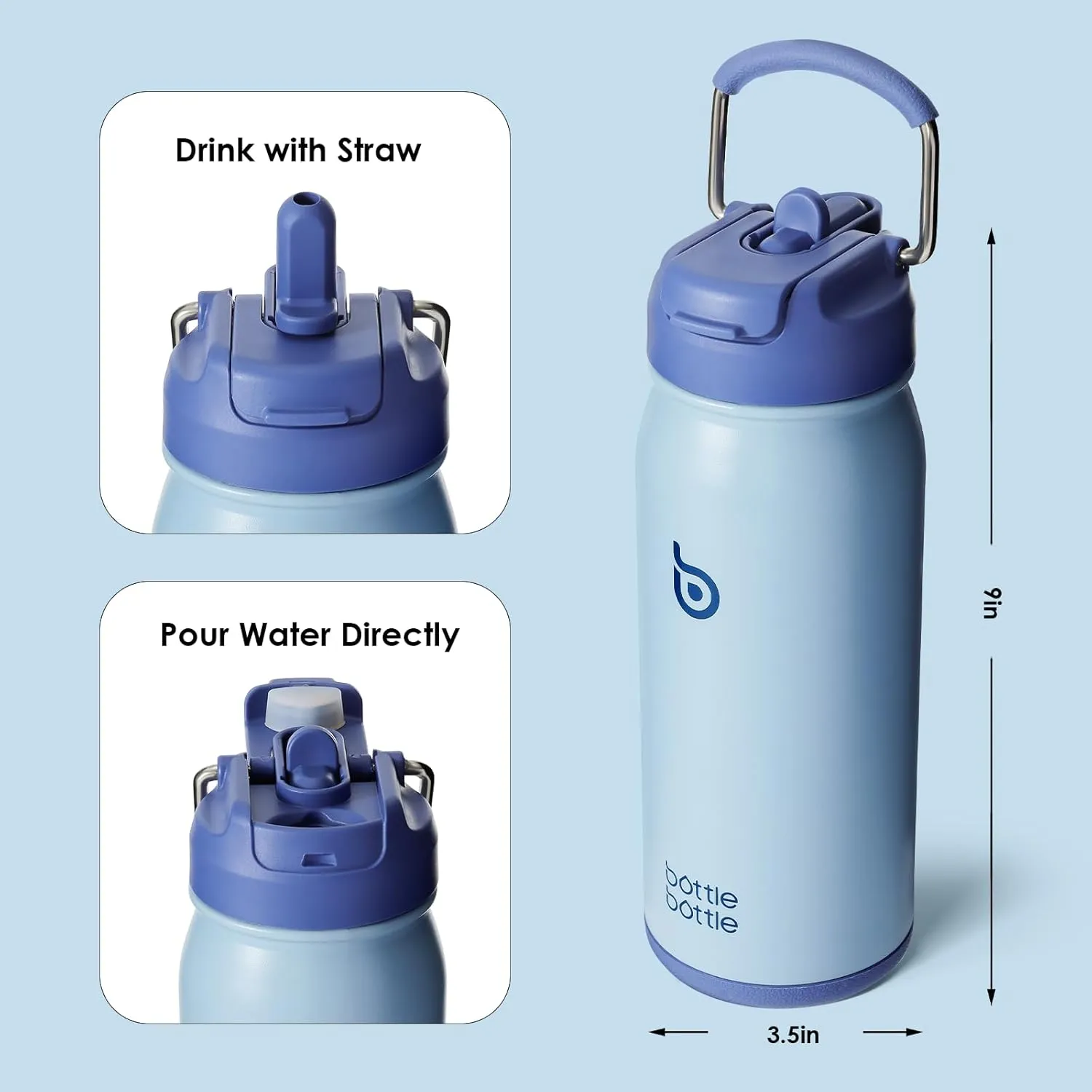 BOTTLE BOTTLE 16 oz sports water bottle stainless steel insulated kids water bottle with straw and pills holder for gifts and school（blue）