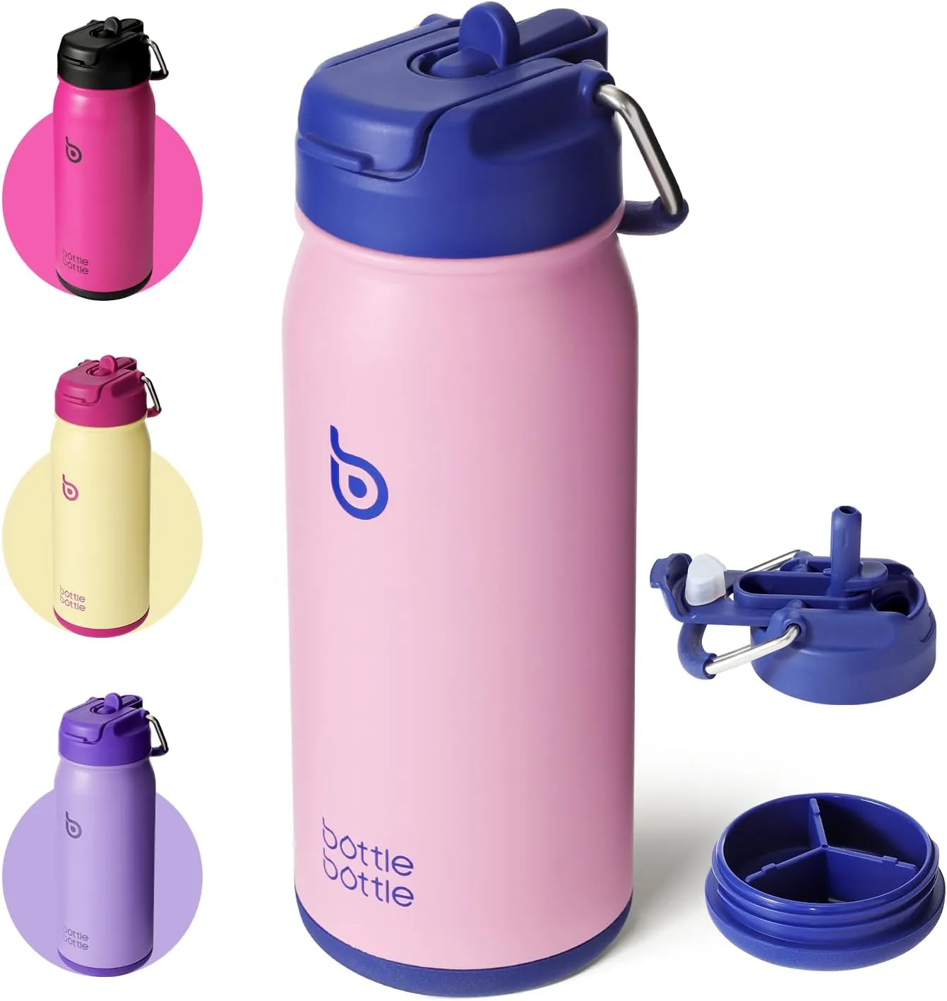 BOTTLE BOTTLE 16 oz sports water bottle stainless steel insulated kids water bottle with straw and pills holder for gifts and school（bubble candy)