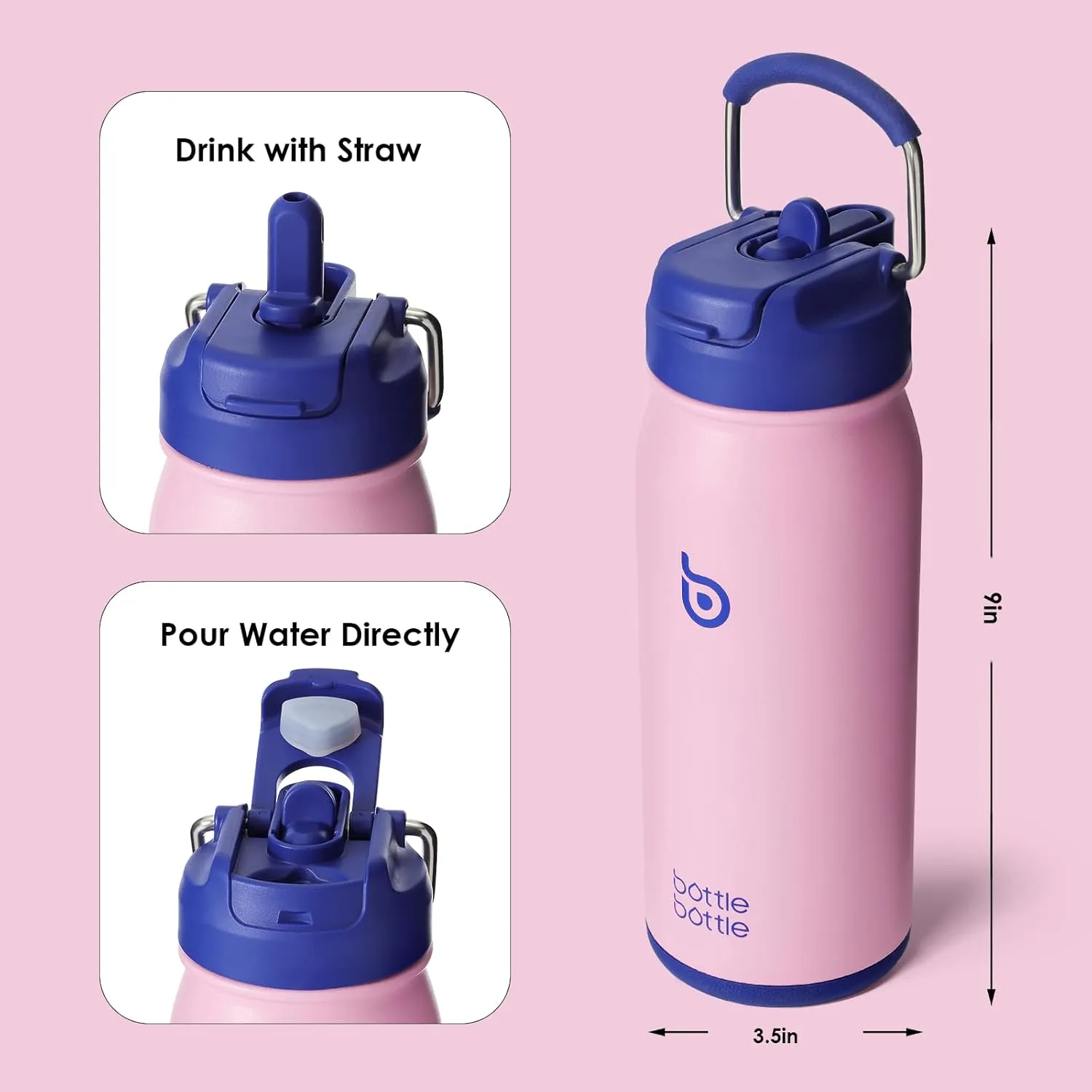 BOTTLE BOTTLE 16 oz sports water bottle stainless steel insulated kids water bottle with straw and pills holder for gifts and school（bubble candy)