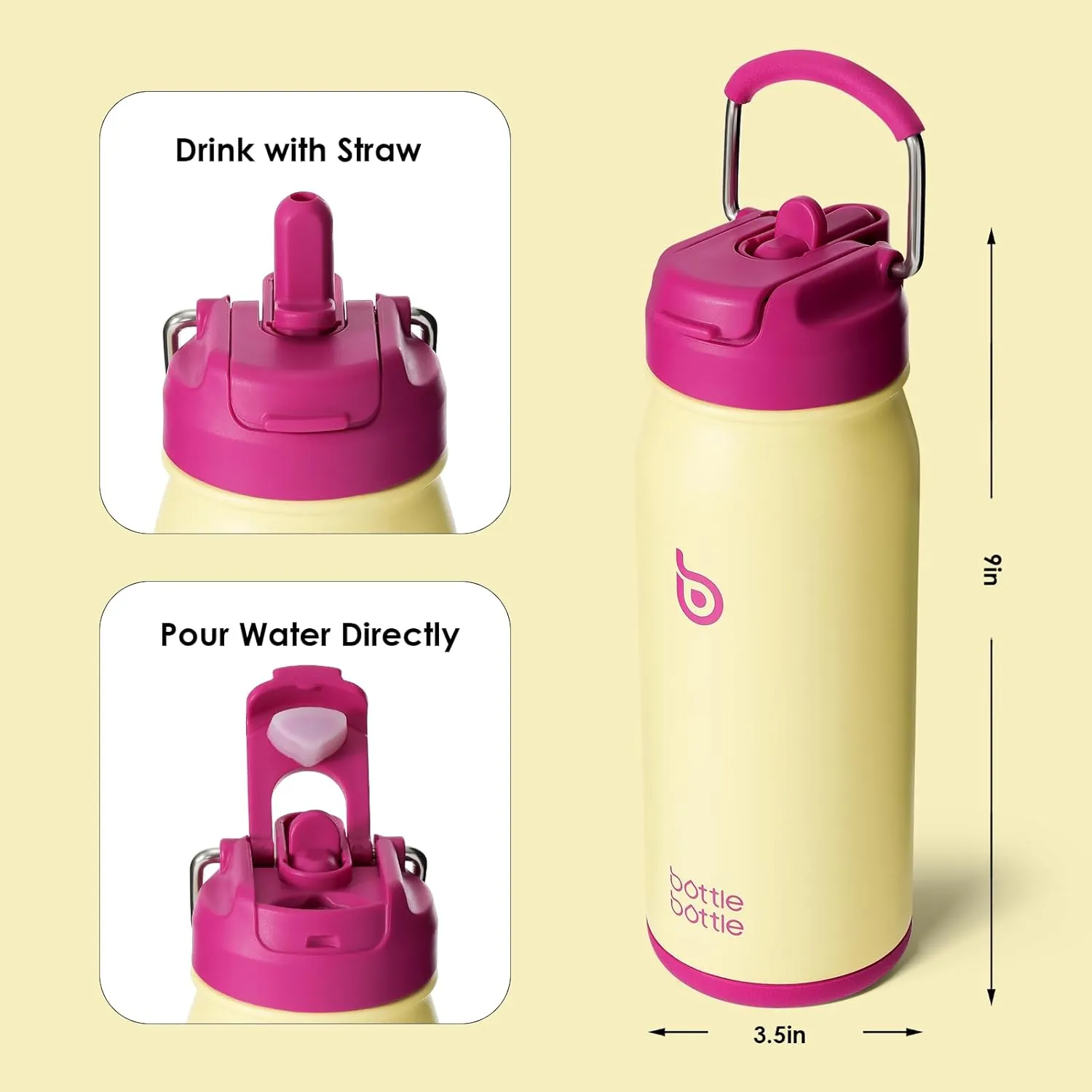 BOTTLE BOTTLE 16 oz sports water bottle stainless steel insulated kids water bottle with straw and pills holder for gifts and school（milkshake yellow）