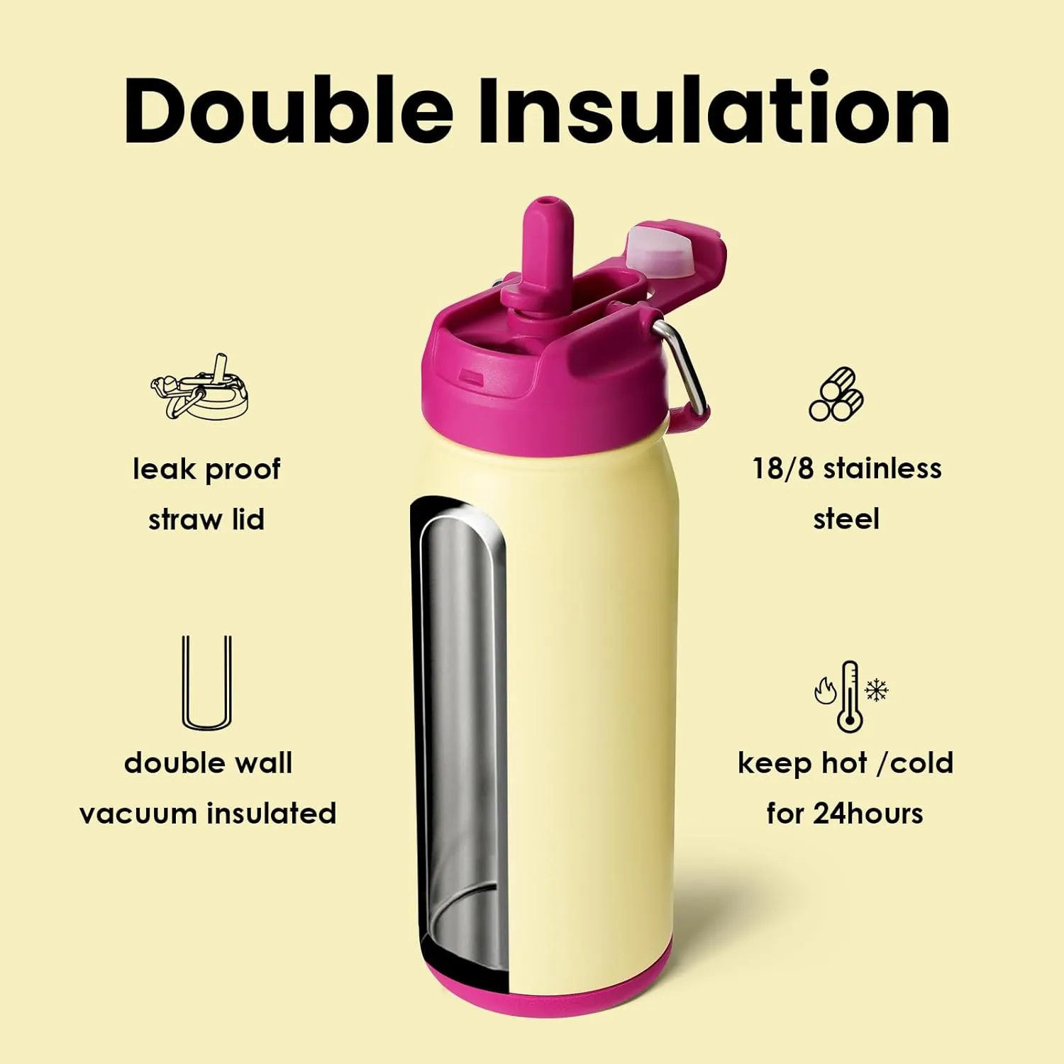 BOTTLE BOTTLE 16 oz sports water bottle stainless steel insulated kids water bottle with straw and pills holder for gifts and school（milkshake yellow）