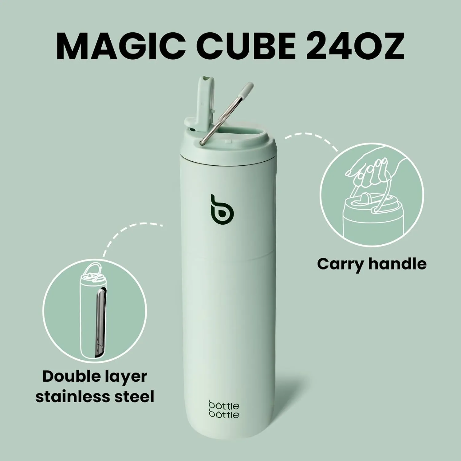 BOTTLE BOTTLE Insulated Water Bottle 24oz with Straw Lid and Handle for Sports Travel Gym Stainless Steel Water Bottles Double-Wall Vacuum Metal Leak Proof BPA-Free