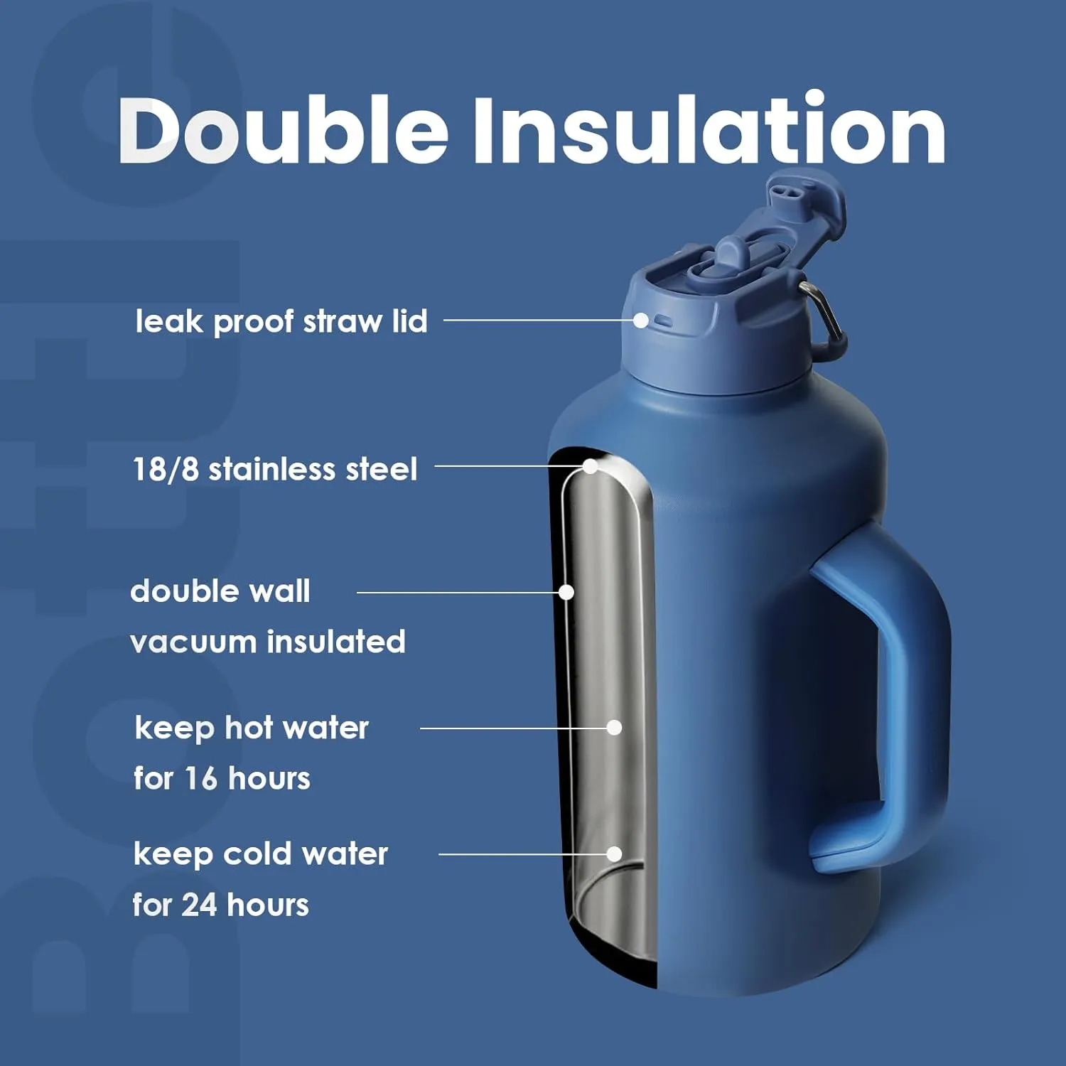 BOTTLE BOTTLE Insulated Water Bottle 64 oz with Straw and Dual-use Lid Stainless Steel Water Bottle for Men with Handle Vacuum Insulated jug for Workout Gym Soccer and Sports blue