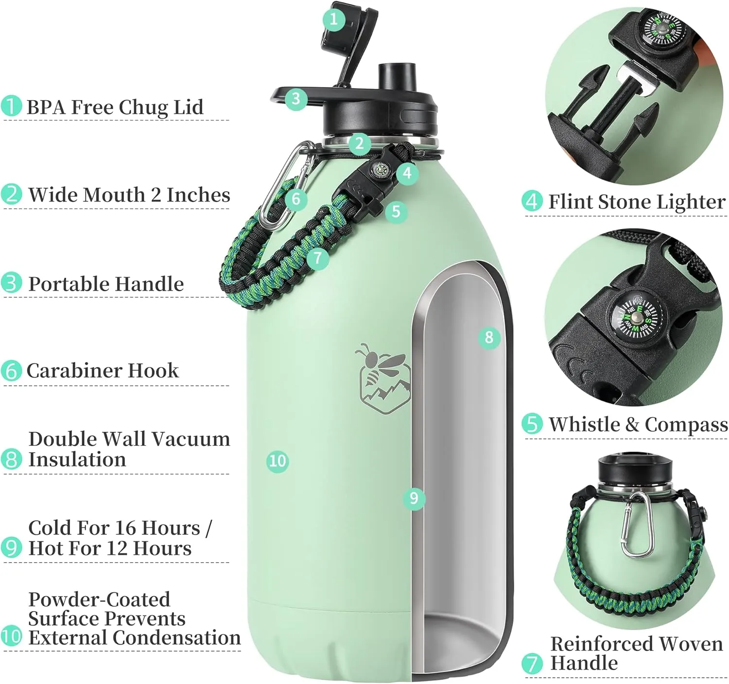 Boulder Bee | 128 oz Insulated Water Bottles with Handle | Stainless Steel Thermos for Hot & Cold Drinks | Double Vacuum Walled | Large Metal Jug for Travel, Hiking, Camping (Green)