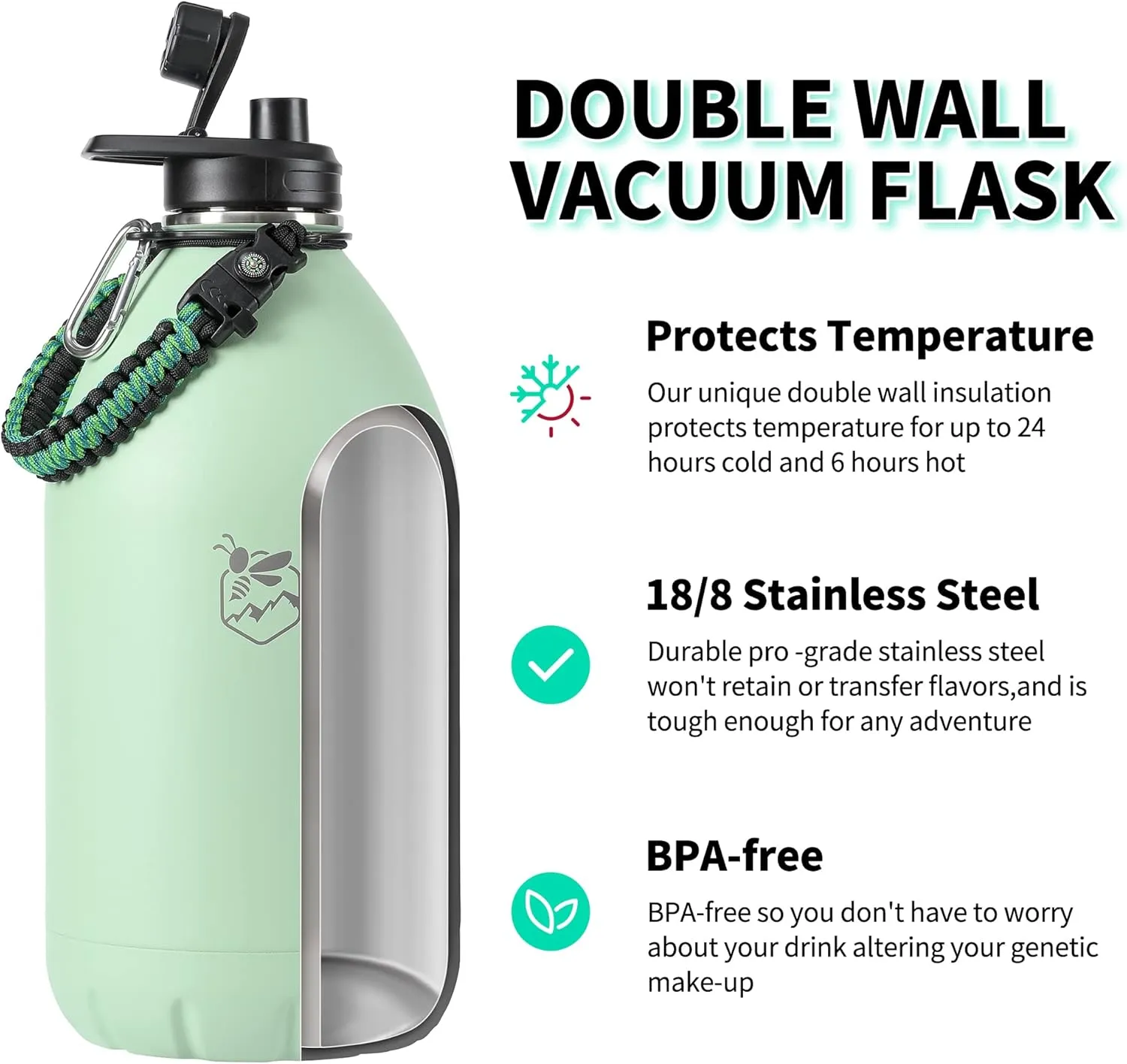Boulder Bee | 128 oz Insulated Water Bottles with Handle | Stainless Steel Thermos for Hot & Cold Drinks | Double Vacuum Walled | Large Metal Jug for Travel, Hiking, Camping (Green)