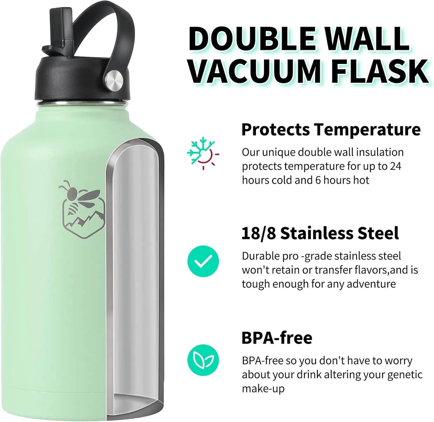 Boulder Bee | 64 oz Insulated Water Bottle | Stainless Steel Thermos for Hot & Cold Drinks | with 2 Lid (Straw Lid and Cap) | Double Vacuum Walled | for Travel, Hiking, Camping (Green)