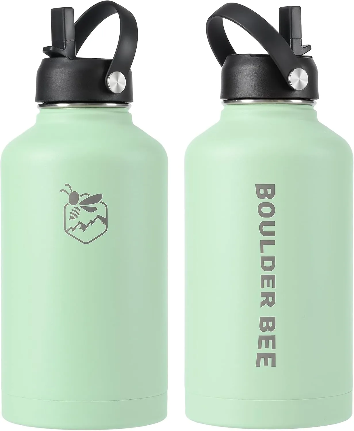 Boulder Bee | 64 oz Insulated Water Bottle | Stainless Steel Thermos for Hot & Cold Drinks | with 2 Lid (Straw Lid and Cap) | Double Vacuum Walled | for Travel, Hiking, Camping (Green)