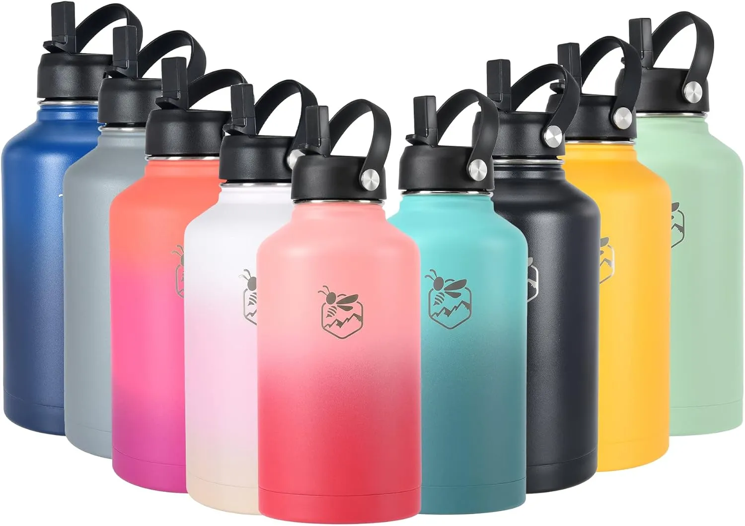 Boulder Bee | 64 oz Insulated Water Bottle | Stainless Steel Thermos for Hot & Cold Drinks | with 2 Lid (Straw Lid and Cap) | Double Vacuum Walled | for Travel, Hiking, Camping (Green)