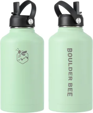 Boulder Bee | 64 oz Insulated Water Bottle | Stainless Steel Thermos for Hot & Cold Drinks | with 2 Lid (Straw Lid and Cap) | Double Vacuum Walled | for Travel, Hiking, Camping (Green)