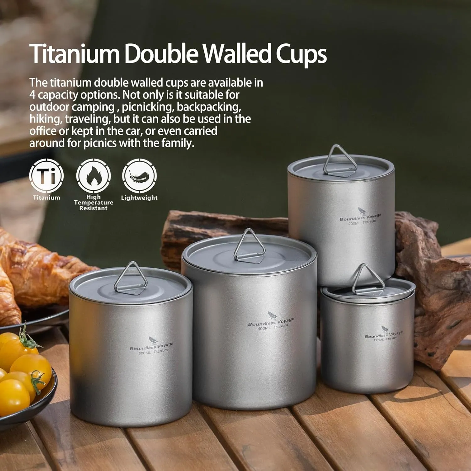 Boundless Voyage Titanium Double Walled Cups Ultralight Stackable Storage Metal Tea Coffee Drinking Mug Durable Portable Cup for Outdoor Camping Daily Use (400ml)