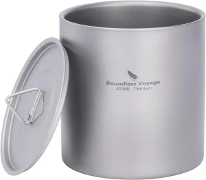 Boundless Voyage Titanium Double Walled Cups Ultralight Stackable Storage Metal Tea Coffee Drinking Mug Durable Portable Cup for Outdoor Camping Daily Use (400ml)
