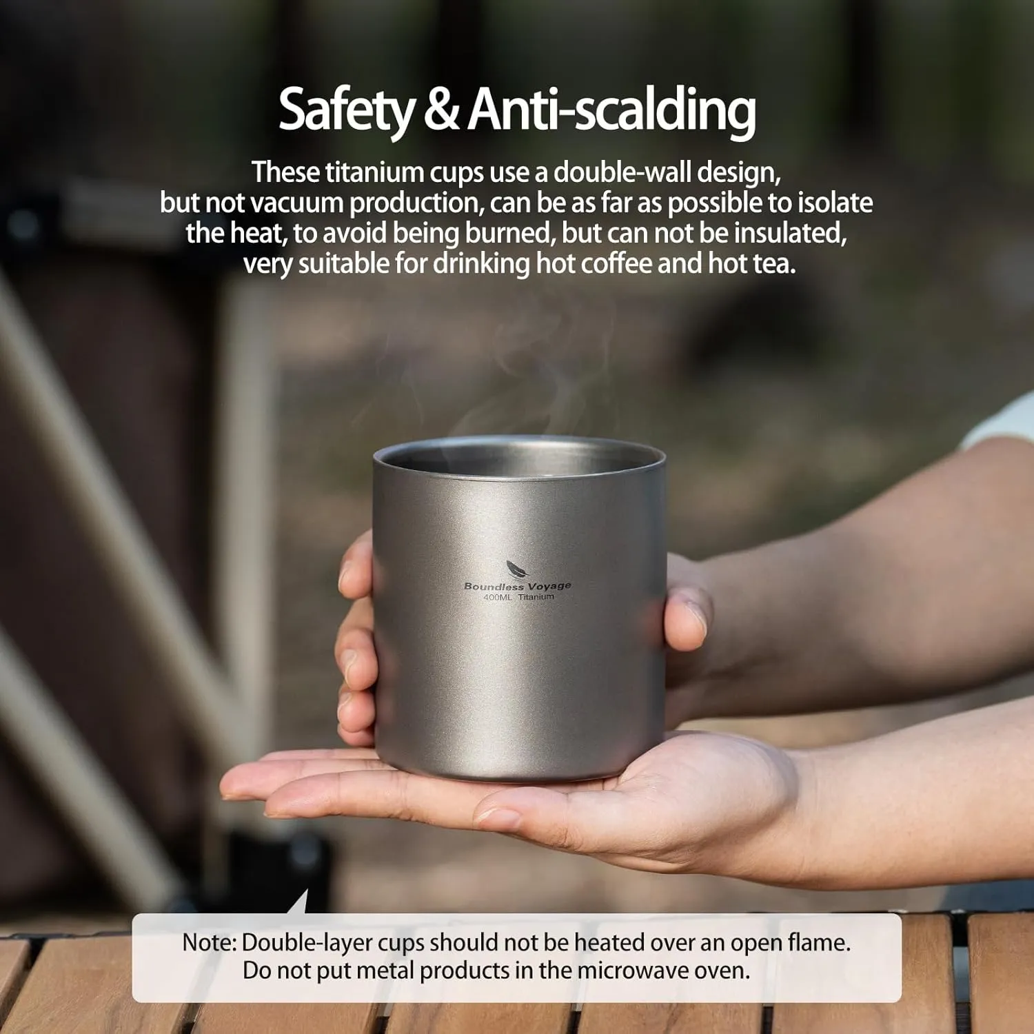 Boundless Voyage Titanium Double Walled Cups Ultralight Stackable Storage Metal Tea Coffee Drinking Mug Durable Portable Cup for Outdoor Camping Daily Use (400ml)