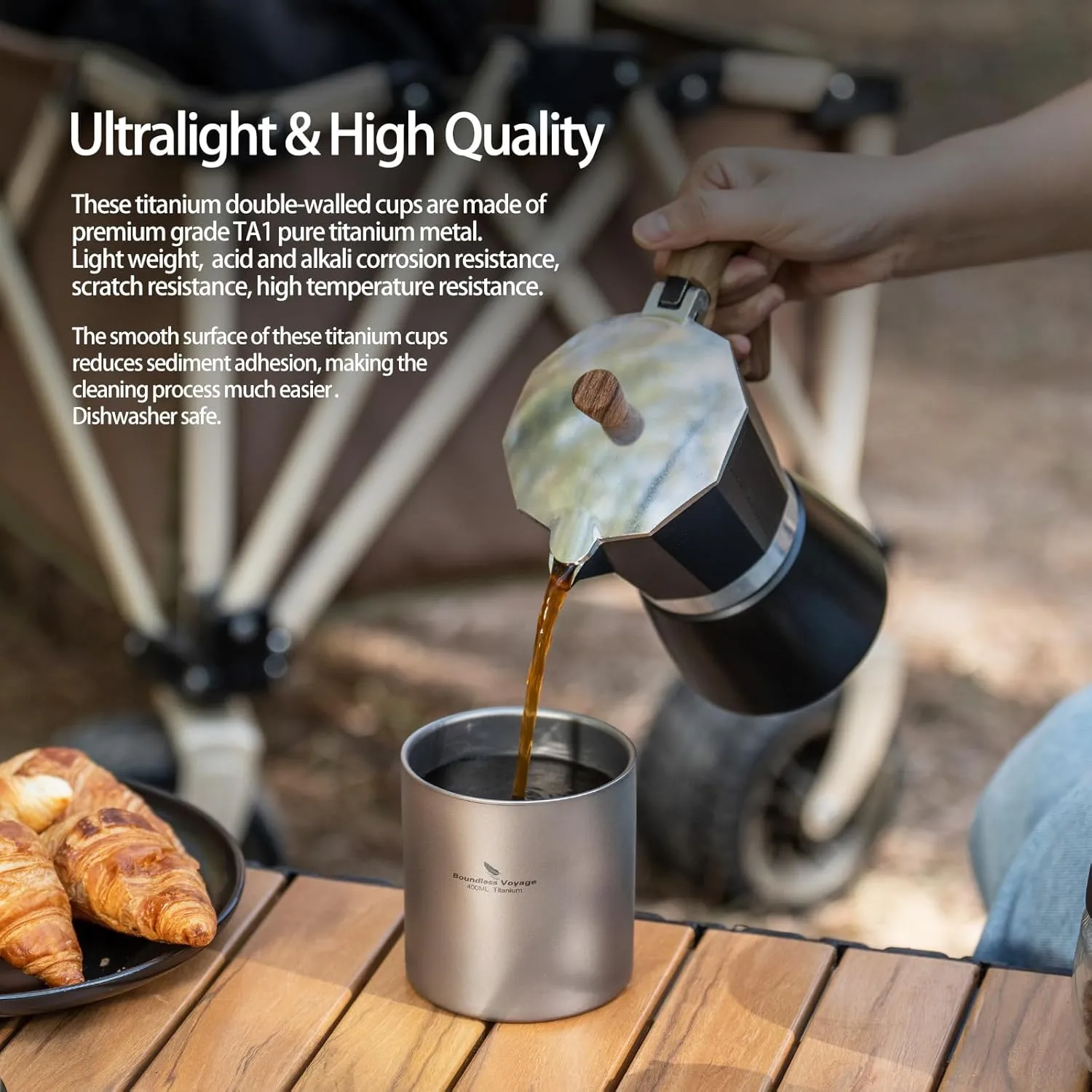 Boundless Voyage Titanium Double Walled Cups Ultralight Stackable Storage Metal Tea Coffee Drinking Mug Durable Portable Cup for Outdoor Camping Daily Use (400ml)