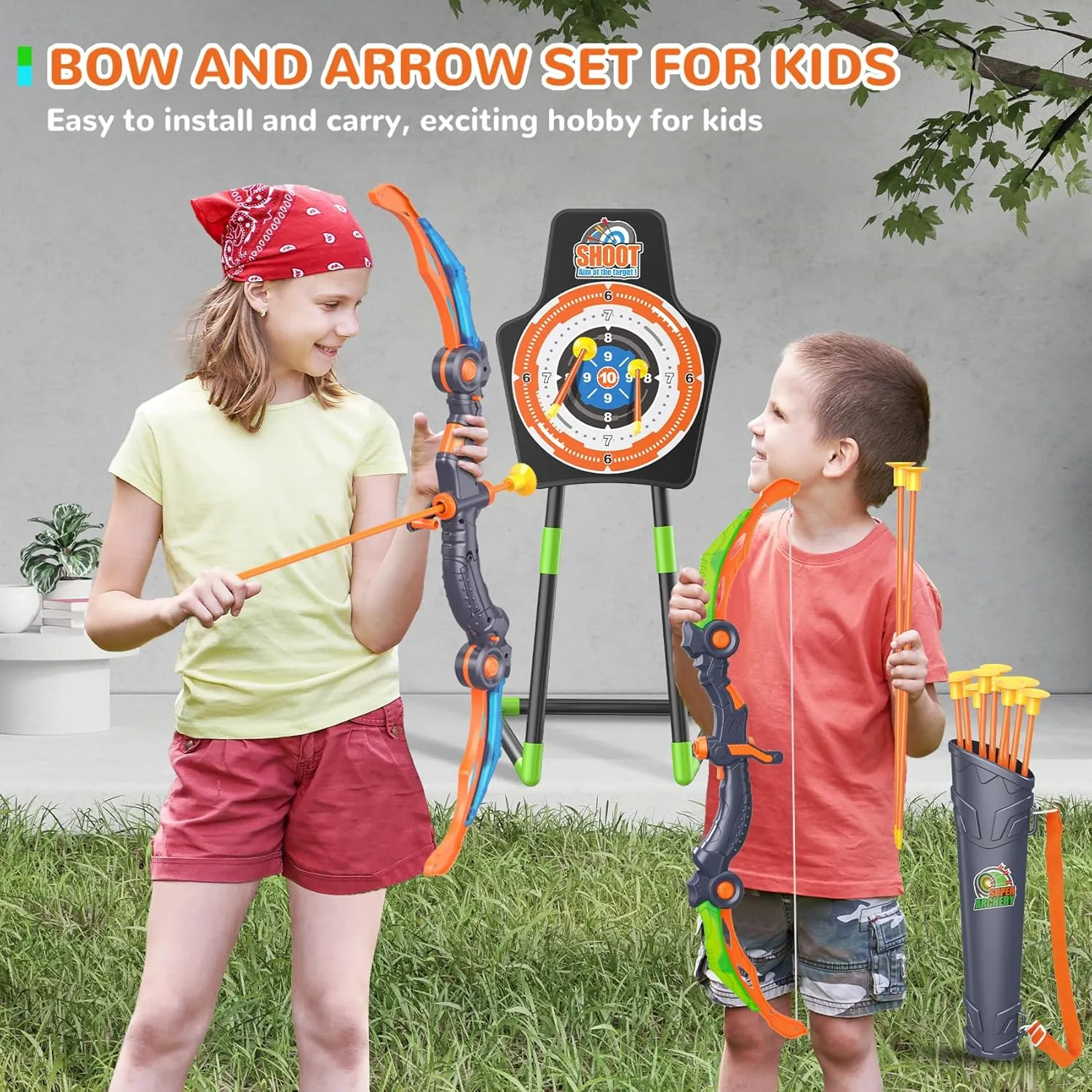 Bow and Arrow for 5 6 7 8 9 10 11  Year Old Boys, Birthday Gift for Kids, Indoor Outdoor Activity Toys, 2 Pack LED Light Up Archery Toy with 20 Suction Cup Arrows, Standing Target, 2 Quiver
