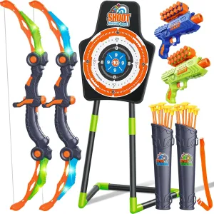 Bow and Arrow for 5 6 7 8 9 10 11  Year Old Boys, Birthday Gift for Kids, Indoor Outdoor Activity Toys, 2 Pack LED Light Up Archery Toy with 20 Suction Cup Arrows, Standing Target, 2 Quiver