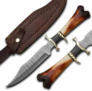 Bowie Knives 15" Handmade Damascus Steel Hunting Knife, Damascus Steel Fixed Blade Bowie Knife , Camel Bone Handle , Fixed Blade knife for outdoor , Camping , Hiking , Camel Bone Handle Firm Grip (Orange) Christmas Gift