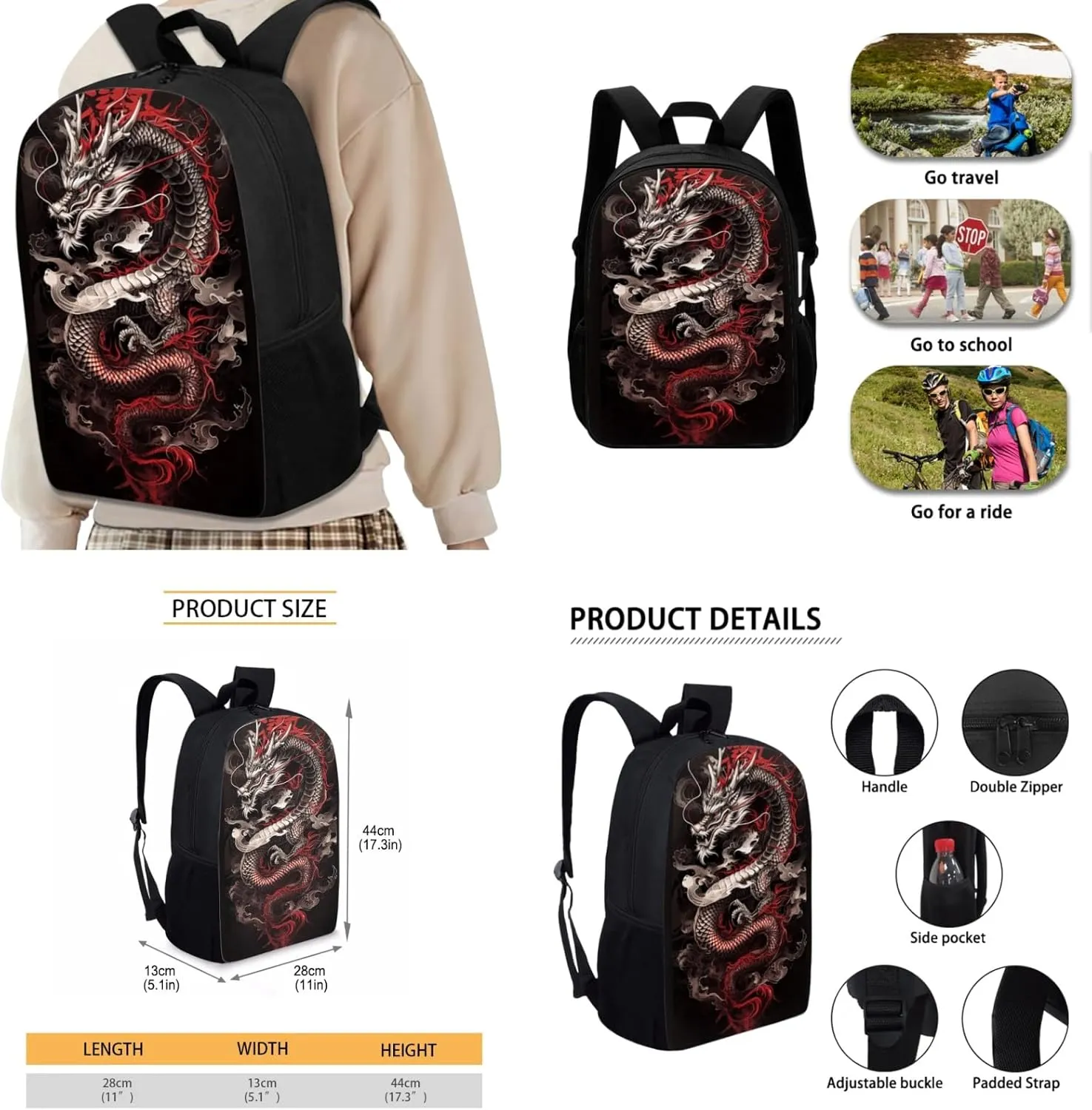 Boys Dragon Backpack 3 in 1 Set for Elementary Kids School Bag with Water Bottle for 1St 2Nd Children Bookbag with Lunch Box for 5-7 Years Girls Book Bags