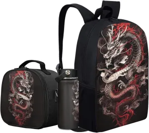Boys Dragon Backpack 3 in 1 Set for Elementary Kids School Bag with Water Bottle for 1St 2Nd Children Bookbag with Lunch Box for 5-7 Years Girls Book Bags