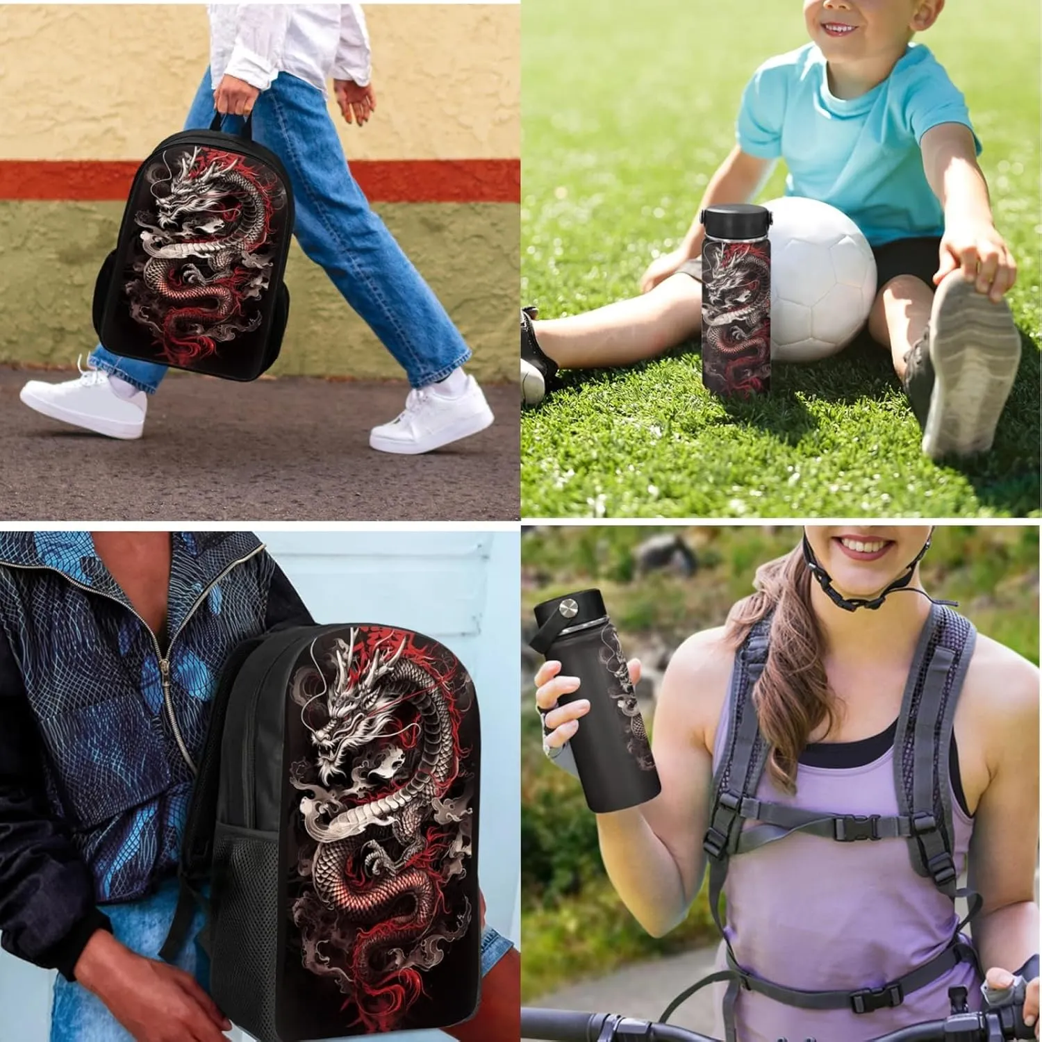 Boys Dragon Backpack 3 in 1 Set for Elementary Kids School Bag with Water Bottle for 1St 2Nd Children Bookbag with Lunch Box for 5-7 Years Girls Book Bags