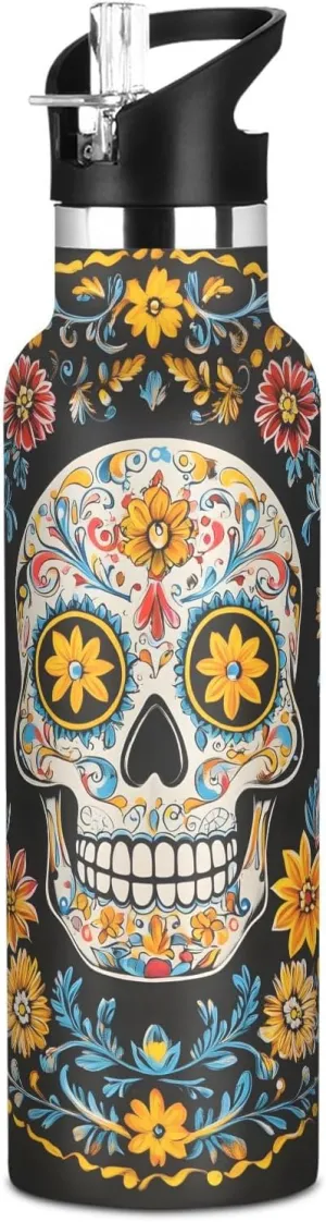 Boys Water Bottle with Straw Reusable Tumbler for Toddlers 20oz Kids Insulated Cups Leak Proof Double Wall 304 Stainless Steel Water Flask School Bottle,Art Skull Flowers